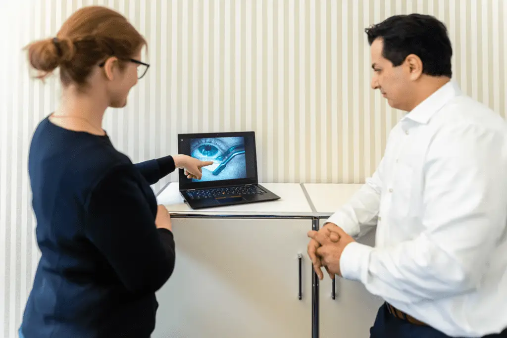 Zwei Personen betrachten ein Bild einer Augenchirurgie.